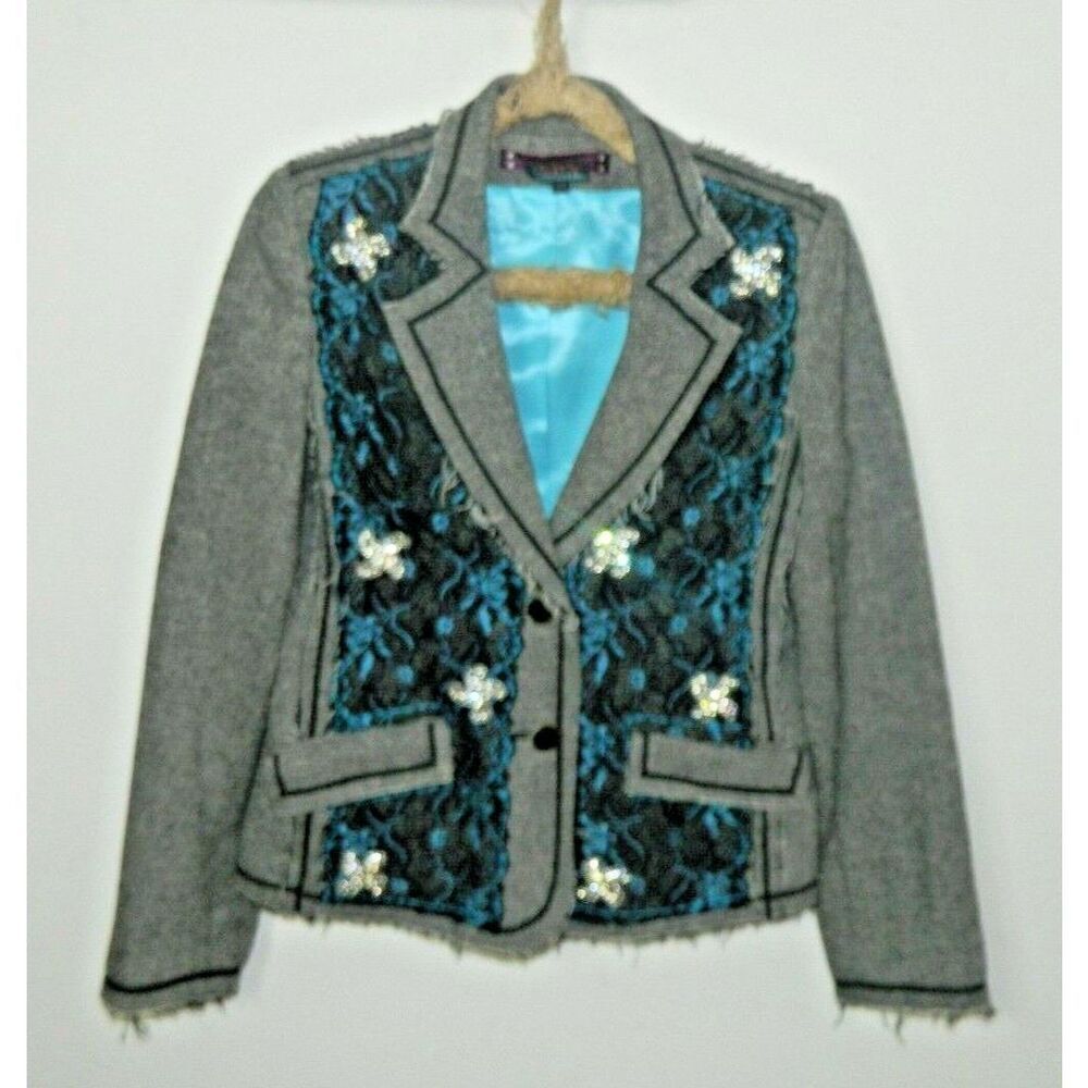 Spy Zone Exchange Blazer Size Medium Gray‎ Black Tweed Rhinestone Lace Overlay